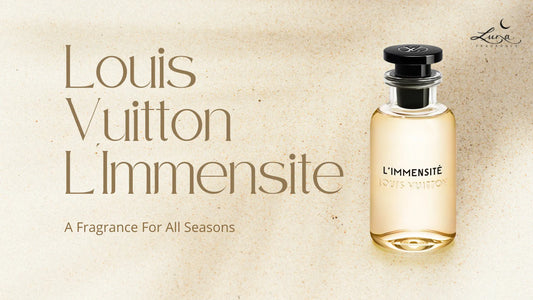 Bottle of louis vuitton immensite in front of sand 